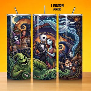 Puede incluir: Tres vasos de acero inoxidable con pajitas, con una colorida ilustraci&oacute;n de personajes de "Pesadilla antes de Navidad". El dise&ntilde;o incluye a Jack Skellington, Sally y Zero, con el texto "United in Halloween" y "Eternal Spirit".