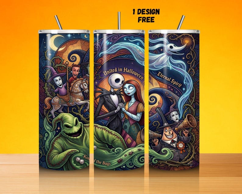Puede incluir: Tres vasos de acero inoxidable con pajitas, con una colorida ilustraci&oacute;n de personajes de "Pesadilla antes de Navidad". El dise&ntilde;o incluye a Jack Skellington, Sally y Zero, con el texto "United in Halloween" y "Eternal Spirit".