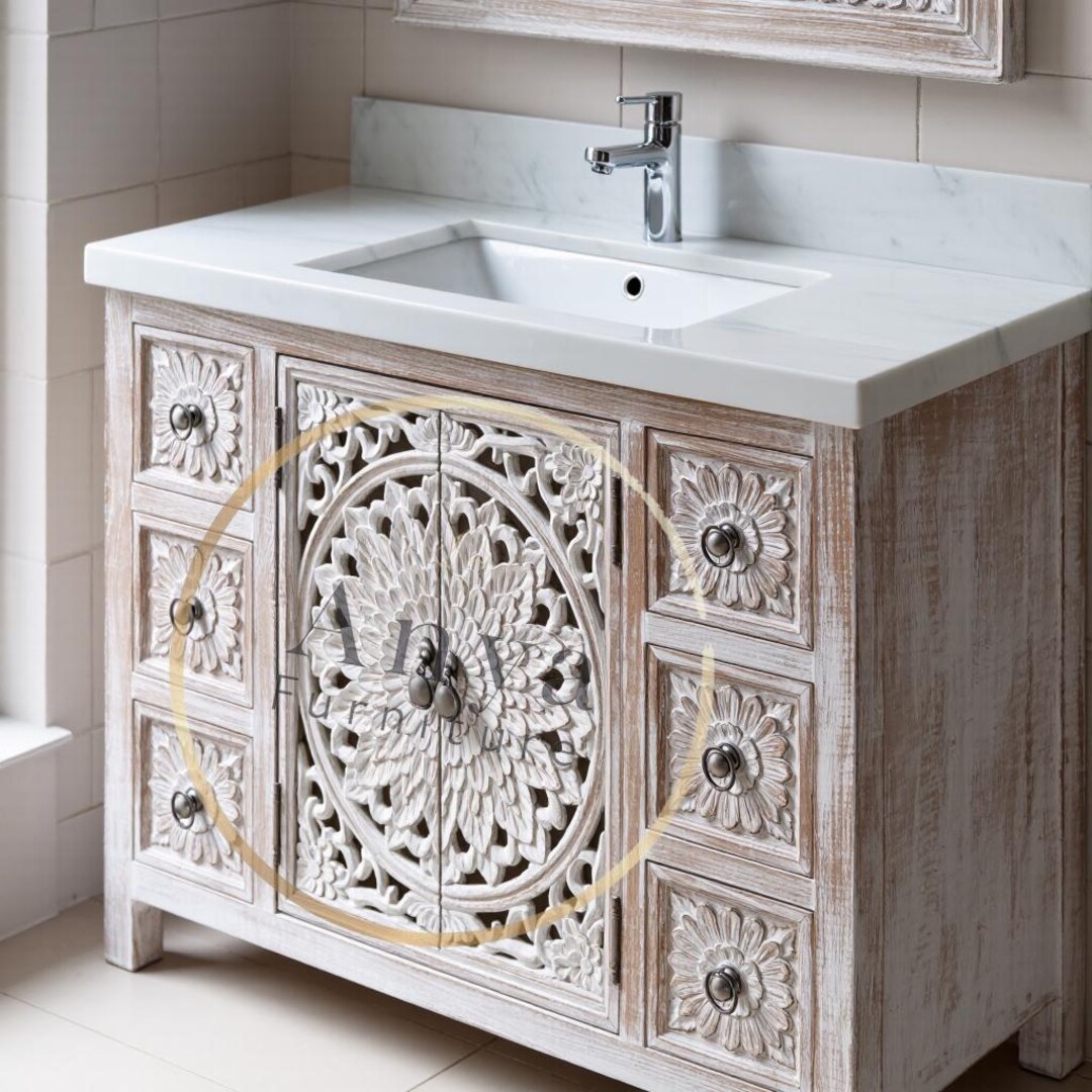 Hand Carved Whitewash Bathroom Vanity With Marble Top – Solid Wood ...