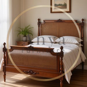 Hand Carved Cane California King Bed | Solid Wood Rattan Bed Frame | Antique French Style Bedroom Furniture | Luxury Boho Custom Bed USA