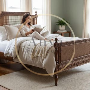Hand Carved Cane California King Bed | Solid Wood Carved Rattan Bed Frame | Luxury Antique Boho Bedroom Furniture | Custom Finish USA Homes