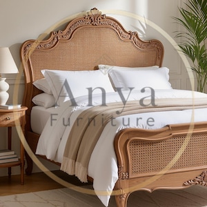 Hand Carved Cane King Bed | Solid Wood Antique French Rattan Bed Frame | Luxury Boho Bedroom Furniture | Custom Finish for USA Homes