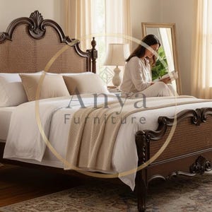 Hand Carved Cane California King  Bed | Solid Wood Antique French Rattan Bed Frame | Luxury Vintage Bedroom Furniture | Custom Finish Homes