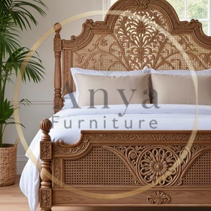 Hand Carved Cane King Bed | Solid Wood Rattan Bed Frame | Luxury Carved Bedroom Furniture | Boho Antique French Style Bed for USA Homes