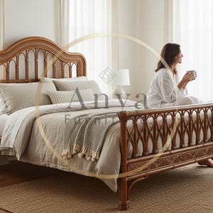 Rattan Cane Queen Bed | Hand Carved Solid Wood French Bent Rattan Bed Frame | Luxury Coastal Boho Bedroom Furniture | Custom Finish USA