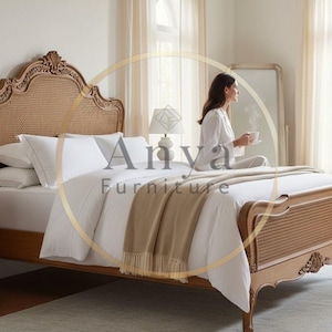 Hand Carved Cane California King Bed | Solid Wood Antique French Rattan Bed Frame | Luxury Boho Bedroom Furniture | Custom Finish USA Homes