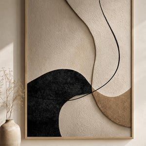 Japandi Abstract Wall Art, Textured Beige Black Minimalist (Digital Download)