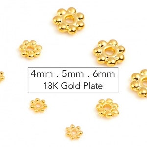 PACK of 10 . 18K GOLD Plated SPACER Beads . 4mm 5mm 6mm Daisy Flower Snowflake Round Flat Gold Plate Heishi Spacers . 7527