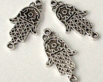 25 Fatima HAMSA Sideways Hand Charm Link Connector - Antiqued SILVER 25x13mm Double Sided - Luck Link - Nickel Free - Ref 2478