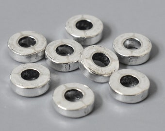 25 ANTIQUE SILVER 6mm HEISHI Washer Spacer Beads - 6x2mm Small Flat Coin Disc Donut Ring Slider Metal Beads w/ 2.8mm Large Hole  - 5556