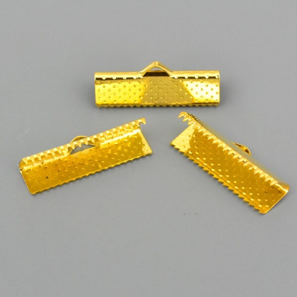 BULK 6 Textured 22mm Bright GOLD Iron Ribbon End CRIMPS - 22x6mm Rectangle Clamp Crimps Leather and Cord - Usa Discount Crimps - 7212