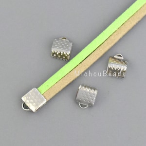 6 PLATINUM 6mm CRIMPS - 6x7mm Rectangle Textured Bail End Square Clamps with Loop for Flat Ribbon Faux Suede Leather Cords - 5794