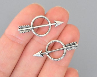 6 Antiqued SILVER 28mm Arrowhead Connector Link - 28x13mm Bow and Arrow Bulls Eye Charm for Bracelets  - Lead Nickel Safe - 7426