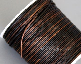 1mm Round LEATHER Cord - 5 Yards / 15 Feet SIPPA BLACK Distressed - Black and Brown Real Natural Lead free dye Indian Gypsy Leather Cording