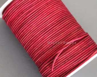 2mm Round LEATHER Cord - 5 Yards / 15 Feet Distressed CERISE PINK - Genuine Real Natural Lead free dye Indian Boho Leather Cording