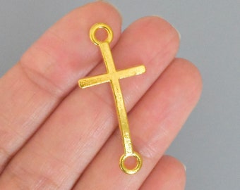 5 GOLD Satin 40mm Sideways CROSS Connector Link Charms - 40x18mm w/ Large 3mm Hole - Semi Matte Satin Silver Cross- 7413