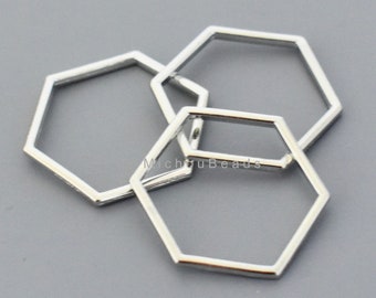 25 Bright SILVER  20mm HEXAGON Links - Alloy Connectors Findings Honeycomb Hexagon Silver Tone - 1.5mm thick Linking Ring Charm - 7489