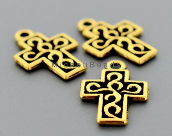 Bulk 25 Antiqued GOLD CROSS Drop CHARMS - 18x12mm Double Sided Tibetan Style  Metal Block Cross Dangle - Instant Ship  7020