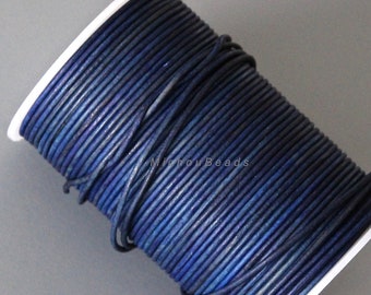 2mm Round LEATHER Cord - 5 Yards / 15 Feet DARK Denim Blue Matte Distressed - Natural Lead free dye Indian Cording - Diy Boho Gypsy Bracelet