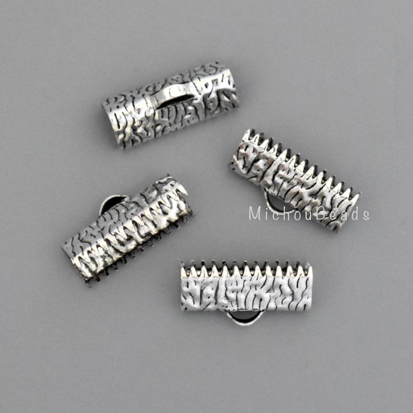 20 Antiqued silver 16mm CRIMPS - 16x8mm Rectangle Textured Bail End Clamps with Loop for Ribbon Leather Cords - Lead Nickel Safe - 6899 / 99