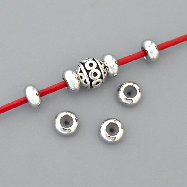 10 STOPPER Beads 6.5mm - 1.2mm Silicone Rubber Hole 6.5x3.5mm Real Platinum Plate Round Slider Adjustable Bead DIY for Bracelets  - 7223