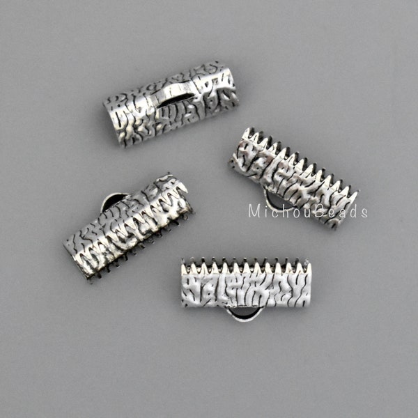6 Antiqued silver 16mm CRIMPS - 16x8mm Rectangle Textured Bail End Clamps with Loop for Ribbon Leather Cords - Lead Nickel Safe - 6899 / 99
