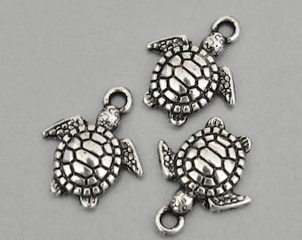 BULK 100 Antique Silver TURTLE Charm Dangles - 16mm Tortoise Marine Ocean Sea beach Pendant Charms - Instant Ship - Usa - 7245