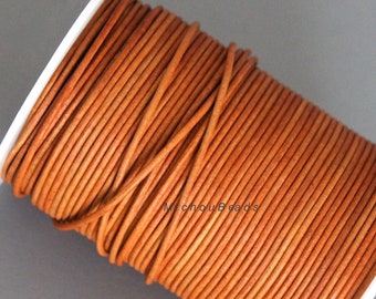5 Yards 2mm Round LEATHER Cord - DISTRESSED  Light BROWN 15 feet Genuine Natural Lead free dye Indian Boho Leather Cording By the Yard