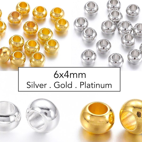 Large Hole Spacer Beads . 6mm Rondelle Spacers - 6x4mm Round Brass Metal Bead . Silver / Gold / Platinum Colors . Wholesale Beads - 5507