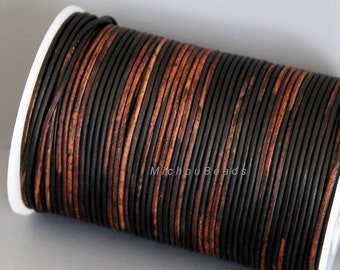 2mm Round LEATHER Cord - 5 Yards 15 Feet SIPPA BLACK Distressed - Black and Brown Genuine Natural Lead free dye Indian Gypsy Leather Cording