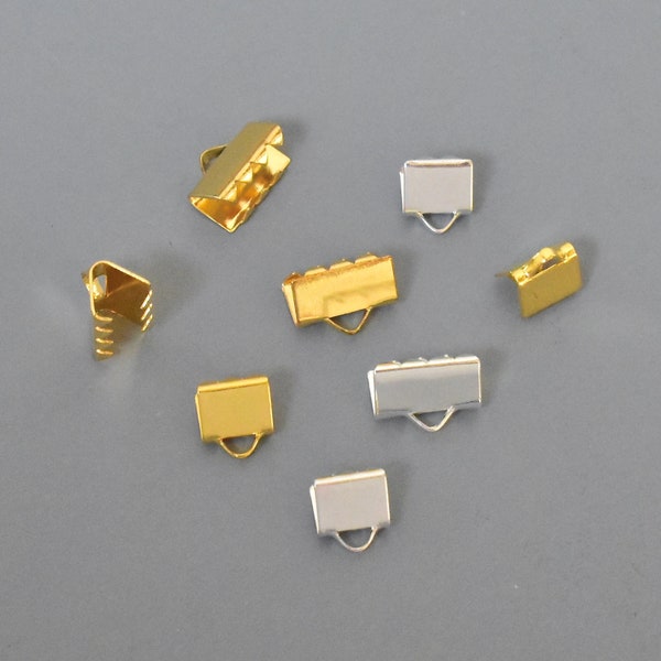 10 Ribbon CRIMP End Mixed Sizes - 6mm & 9mm Smooth Silver Gold plated Brass Rectangle Square Pinch Cord Clamp Crimps for faux Suede Cords