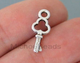 100 KEY Charm Dangles - 16mm Antiqued Silver Small Key Lock House Nickel Free Metal Pendant - Instant Ship - USA Wholesale Charm - 6212