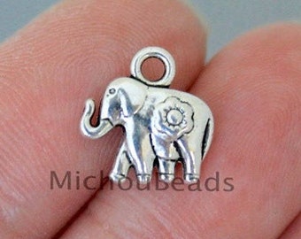 BULK 25 ELEPHANT Charm Pendants - 13mm Antiqued Silver Flower Elephant Animal Pendant Charm - Instant Shipping - USa Discount Charms - 6355