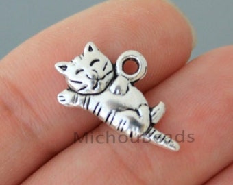 25 CAT Charm Pendants - 20mm Antiqued Silver Sleeping Kitty Cat Animal Feline Pet Pendant Charm - Instant Ship - USA Discount - 6259