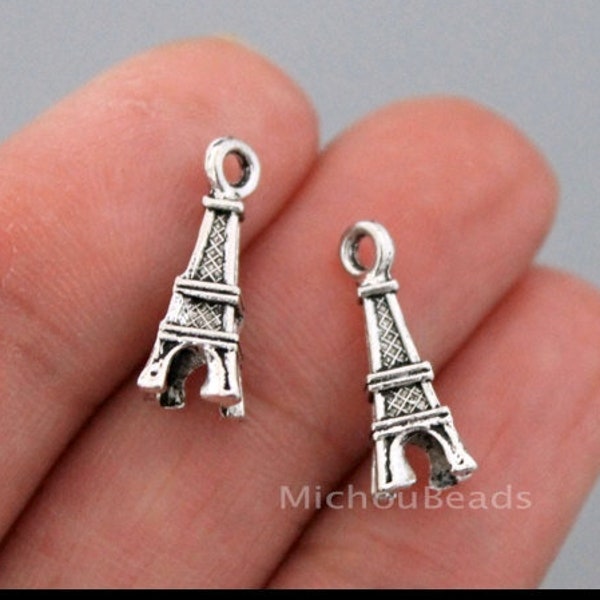 BULK 20 Silver EIFFEL Tower Paris Charm Pendants - 16mm 3D Antiqued Silver France Country Charm - Instant Ship - Usa DIY Beading - 6644