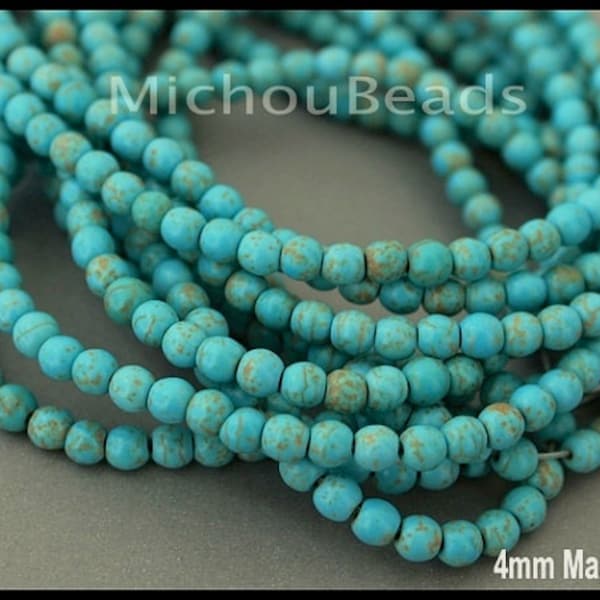 10 BEADS - 4mm AQUA Turquoise Natural MAGNESITE Gemstone - Round Opaque Smooth Natural Stone Bead - Instant Ship - Usa Seller - 6460