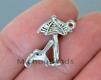 5 BEACH Chair Charms - 18mm Antiqued Silver Vacation Beach Umbrella Ocean Sand Metal Pendant Charm - DIY Jewelry Supplies - USa  6367