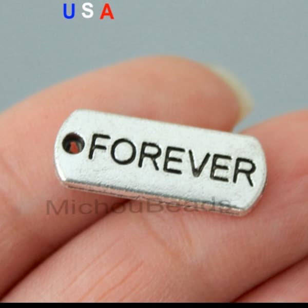 BULK 25 FOREVER Tag Charm Pendant - 21mm Word Message Inspiration Metal Dangle Charm Stamping - Instant Shipping - USa Wholesale Tags - 6055