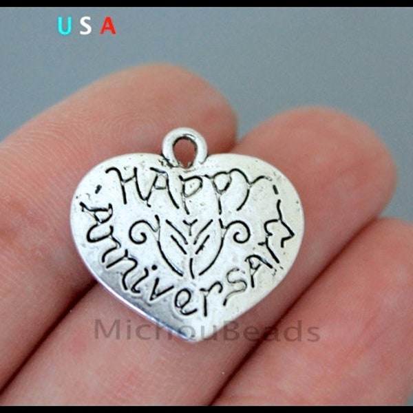 1 Happy ANNIVERSARY Heart Charm - 20mm Silver Heart Engraved Stamped Message Word Metal Heart Pendant - Instant Ship - USA DIY - 6361