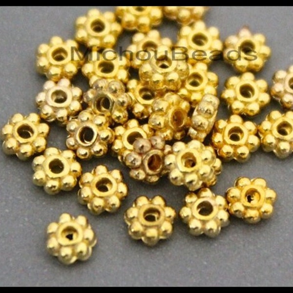 100 beads - 4mm GOLD Daisy Spacer 4x2mm Round Metal Daisy Snowflake Bead Spacers - USA Discount Instant Ship - 7491