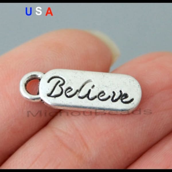 5 BELIEVE Tag Charm - 20mm Word Message Inspiration Rectangle Metal Dangle Pendant Stamping - Instant Ship - USa Wholesale Tags - 6059