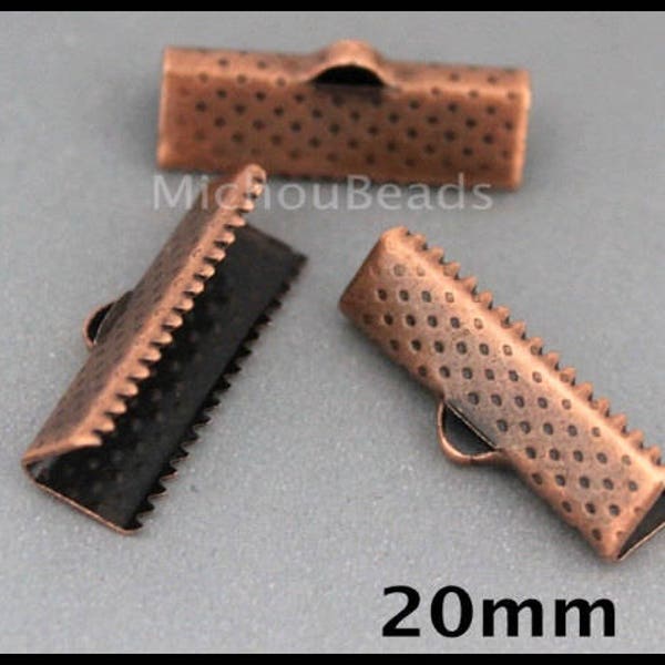 BULK 100 Textured 20mm Antiqued COPPER Iron Ribbon End CRIMPS - 20x6mm Rectangle Clamp Crimps Leather and Cord - Usa Discount Crimps - 6562