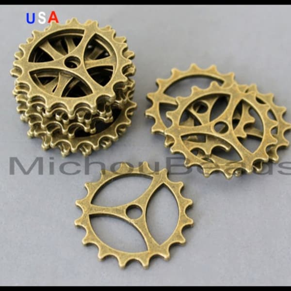 5 GEAR Connector Link Charms - 23mm Bronze Steampunk Watch Clock Bike Wheel Gear Charms Pendants - Instant Ship - USA Charms - 6204