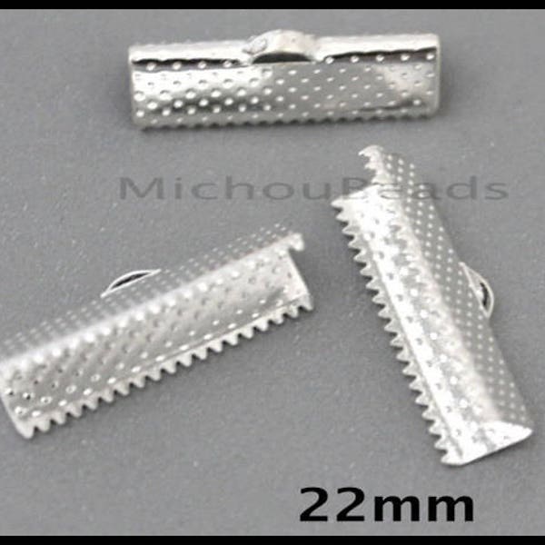 26 Textured 22mm Bright SILVER Iron Ribbon End CRIMPS - 22x6mm Rectangle Clamp Crimps Leather and Cord - Usa Discount Crimps - 6568