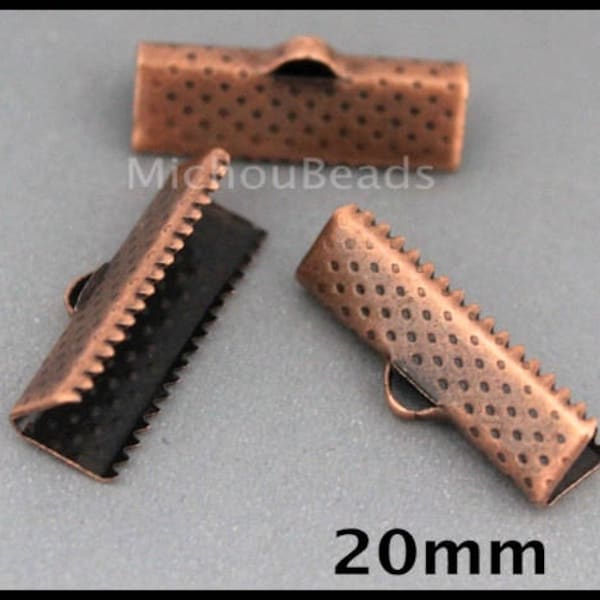 SAMPLE 2 Textured 20mm Antiqued COPPER Iron Ribbon End CRIMPS - 20x6mm Rectangle Clamp Crimps Leather and Cord - Usa Discount Crimp - 6562