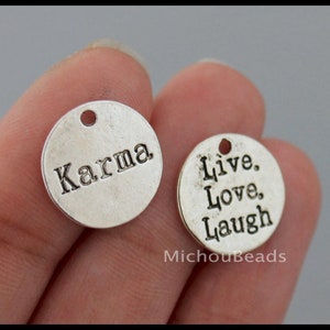 BULK 25 Silver KARMA / Live Love Laugh Charms - 15mm Round Stamped Circle Zen Yoga Pendant Charm - Instant Ship - Usa DIY Charms - 6504