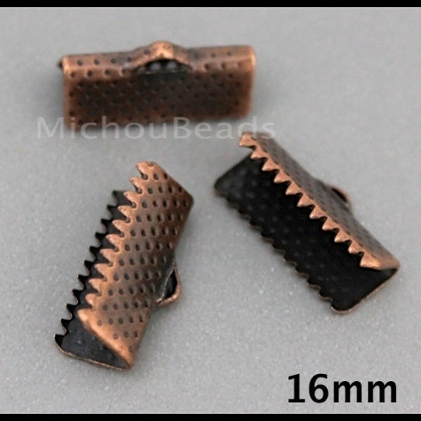 26 Textured 16mm Antiqued COPPER Iron Ribbon End CRIMPS - 16x6mm Rectangle Clamp Crimps Leather and Cord - Usa Discount Crimps - 6563