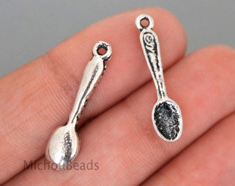 BULK 100 SPOONS Charm Pendant -  25mm Antiqued Silver Cooking Kitchen 3D Spoon Utensils Nickel Free Metal Dangle - Instant Ship - Usa - 6443