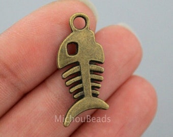 BULK 20 Bronze FISH Charm Pendants - 28mm Bone Fish Coy Snapper Angel Marine Ocean Animal Beach Pendant - Instant Ship Usa DIY Craft -  6532