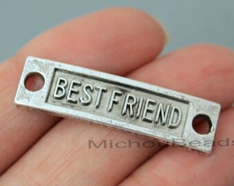 5 BEST FRIEND Charm Connector - 35mm Rectangle Word Message Metal Silver Connector Link - Instant Ship - USA Discount Charms - 6113